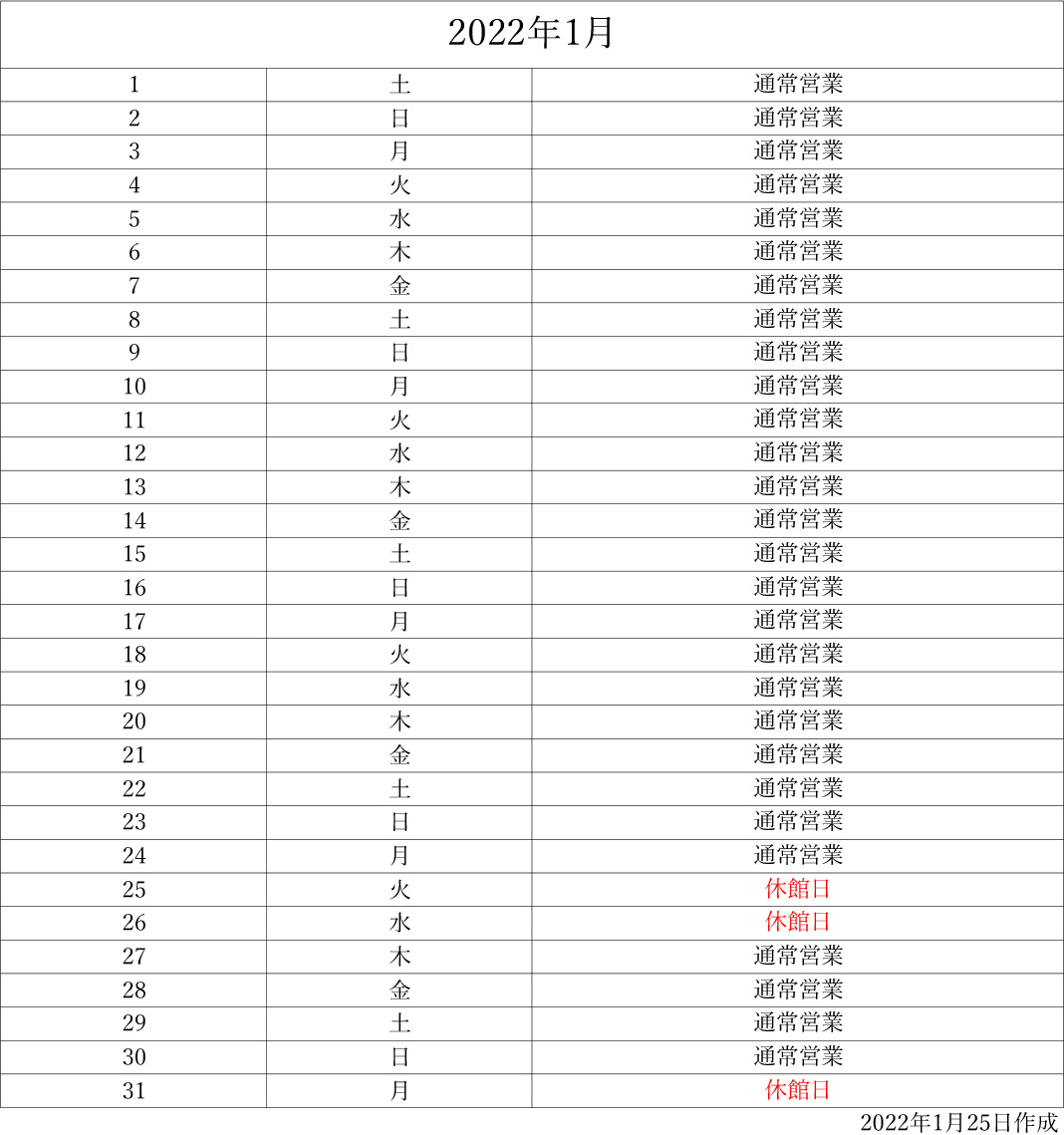 1月休館日のご案内