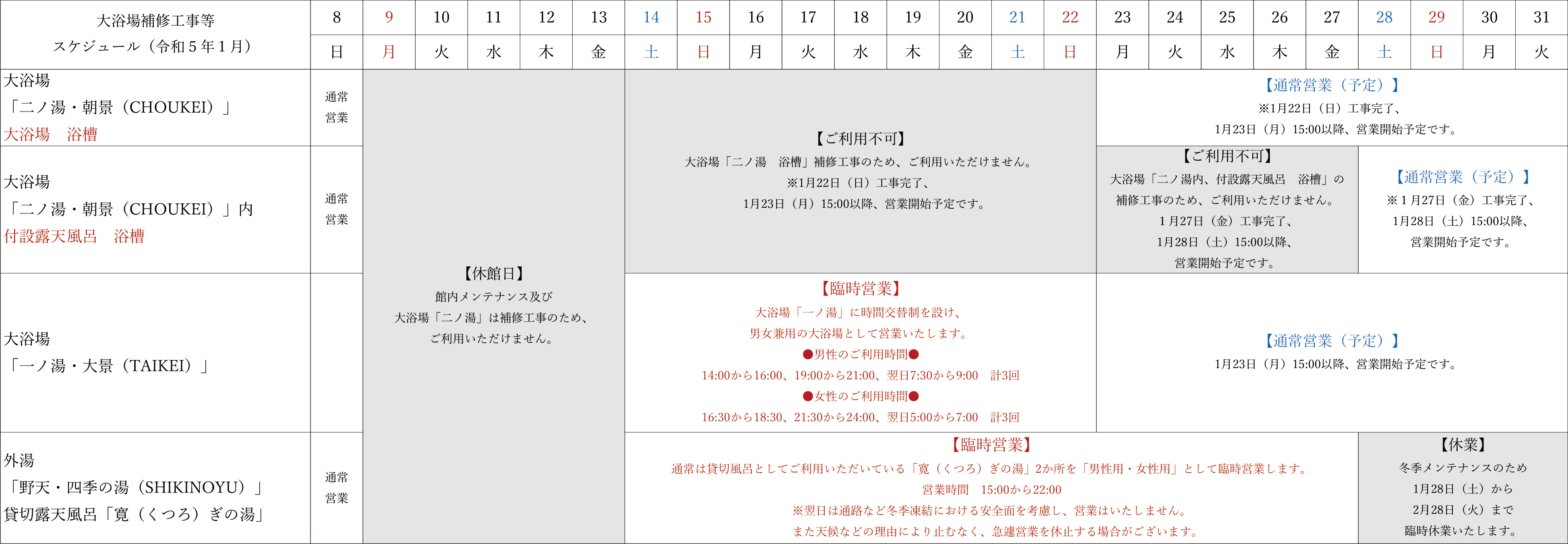 大浴場補修工事等スケジュール